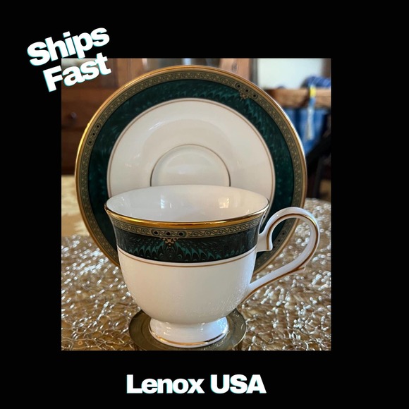 Lenox Bone China Classic Edition Footed Cup & Saucer Set, White, Green Marble - Picture 1 of 10